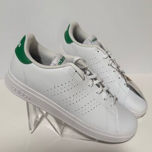 adidas White Low-Top Sneakers with Green Heel and Logo